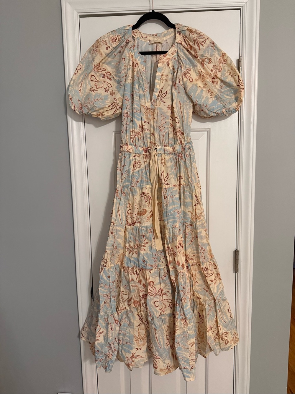 Ulla Johnson Cream & Light Blue Floral Puff-Sleeve Maxi Dress